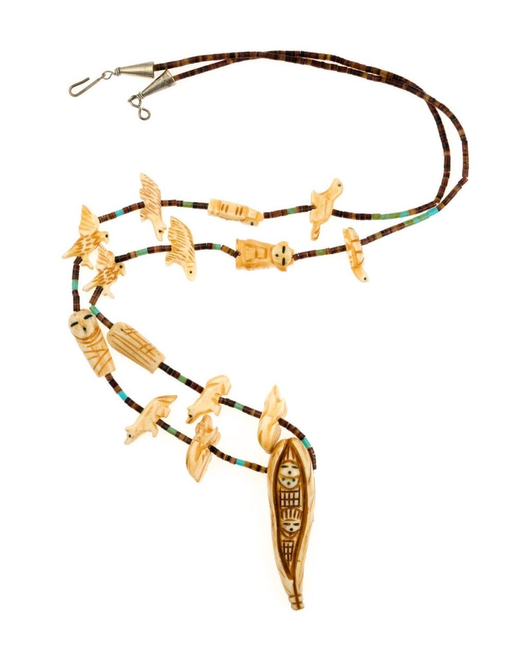 Zuni Fetish Necklace Corn Maiden Heishi Beads Carved Animal Fetishes 31"